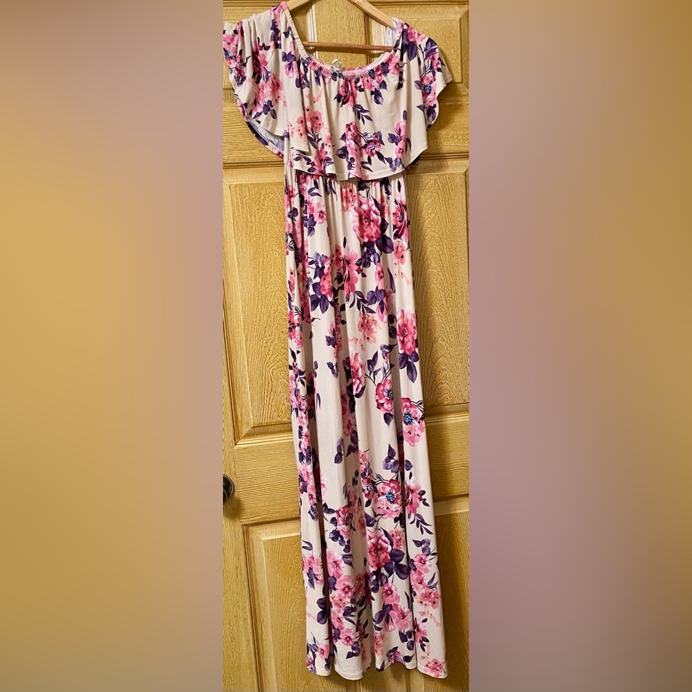Floral Off-Shoulder Maxi Maternity Dress - Hello Miz Pink and Purple Size Large